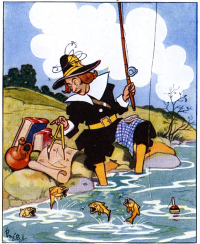 Izaak Walton studies the angles of Euclid while fishing, 1936 by René Bull